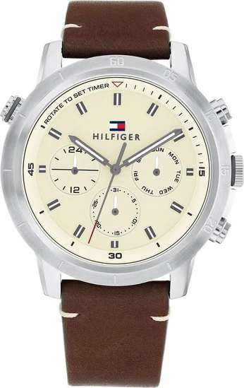 Tommy Hilfiger Troy Ανδρικό Ρολόι Χρονογράφος με Καφέ Δερμάτινο Λουράκι ...