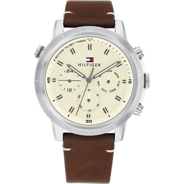 Tommy Hilfiger Troy Ανδρικό Ρολόι Χρονογράφος με Καφέ Δερμάτινο Λουράκι ...