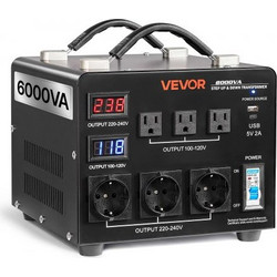 VEVOR Μετασχηματιστής Ισχύος Heavy Duty 6000VA, 110V/220V, 3 US & 3 EU Πρίζες, LCD Οθόνη SXDYZHQZD110QYQQU001V2