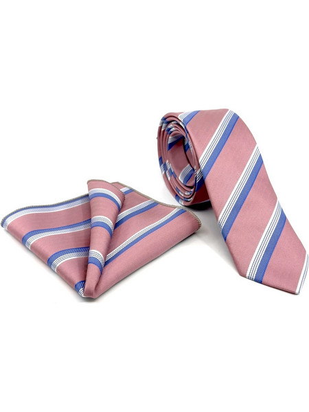 Σάπιο Μήλο-Μπλε Ριγέ Γραβάτα Microfiber Σετ με Μαντήλι 6,5 cm