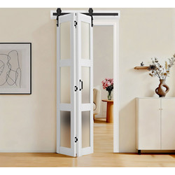 VEVOR Πτυσσόμενη Πόρτα Τύπου Barn, 914 x 2134 mm, MDF με Σκληρυμένο Γυαλί, Πτυσσόμενες Συρόμενες Πόρτες Ντουλάπας, Περιλαμβάνεται Κιτ Υλικών, Σχεδιασμός Εξοικονόμησης Χώρου, Προ-συναρμολογημένα Πάνελ