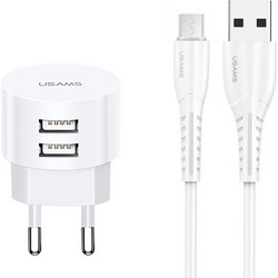 Usams T20 Φορτιστής με Καλώδιο Micro USB με 2 Θύρες USB-A White