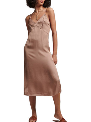 Superdry Satin Cami Midi Καλοκαιρινό Καθημερινό Φόρεμα Σατέν Μπεζ W8011421A-6MW