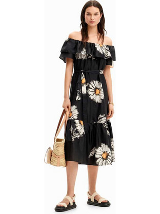Desigual Daisy Midi Καλοκαιρινό Καθημερινό Φόρεμα Floral Μαύρο 24SWVW02-2000