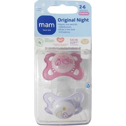 Mam Original Night Ανατομικές Ορθοδοντικές Πιπίλες Σιλικόνης Νυκτός 2-6m Πουλάκια Φούξια Λιλά 2τμχ