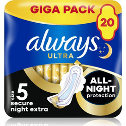 Always Ultra Secure Night Extra Μέγεθος 5 Σερβιέτες με Φτερά για Αυξημένη Ροή 20τμχ