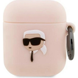 Karl Lagerfeld Karl Head 3D Θήκη Σιλικόνης με Γάντζο για Apple AirPods 1 / 2 Ροζ