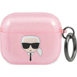 Karl Lagerfeld Karl Head Iconic Glitter Θήκη Σιλικόνης με Γάντζο για Apple AirPods 3 Ροζ
