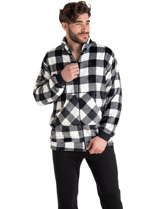 Rachel Χειμωνιάτικες Ανδρικές Πιτζάμες Fleece Καρό Μαύρες Λευκές 13387