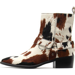 Inuovo Γυναικεία Μποτάκια Cowgirl Suede Καφέ Λευκά με Χοντρό Χαμηλό Τακούνι E07002