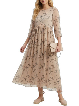 Cristina Beautiful Life Midi Φόρεμα για Γάμο / Βάπτιση Floral Μπεζ 2000000775043