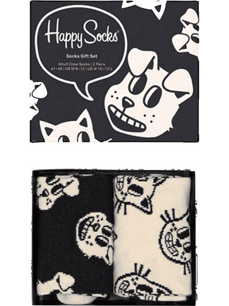 Happy Socks Ανδρικές Κάλτσες Ψηλές με Σχέδια Μαύρες Μπεζ 2Pack PO9100