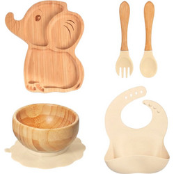 QueenMother Βρεφικό Σετ Φαγητού Σιλικόνης & Bamboo Elephant Beige 5τμχ