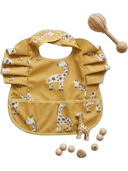Abo Giraffe Αδιάβροχη Σαλιάρα Πλαστική με Αυτοκόλλητο & Τσέπη Κίτρινη