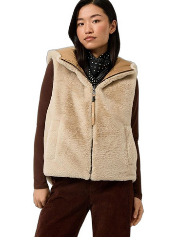 S.Oliver Αμάνικη Γυναικεία Γούνα Κοντή με Κουκούλα Μπεζ 2185755-8412