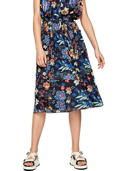 Pepe Jeans Donna Μίντι Φούστα Υφασμάτινη Ψηλόμεση Floral Μπλε PL900857