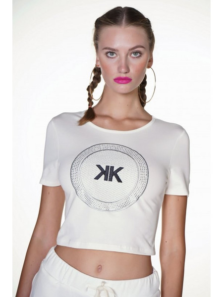 Γυναικεία Kendall+Kylie t-shirt μπλούζα crop- off white (KKW3611606)