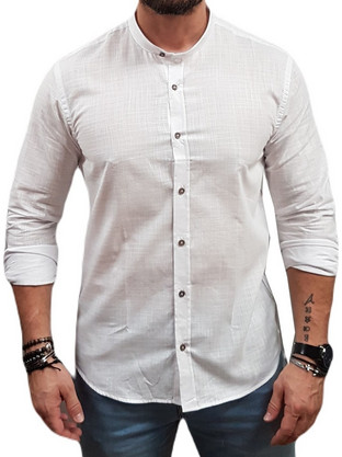 Dash & Dot Ανδρικό Πουκάμισο Λινό Μακρυμάνικο Slim Fit με Mao Γιακά Λευκό 23024-01