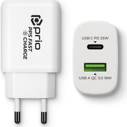 Φορτιστής κινητού Prio Fast Charge Wall Charger 25W PD PPS (USB C)+QC 3.0 (USB A) White
