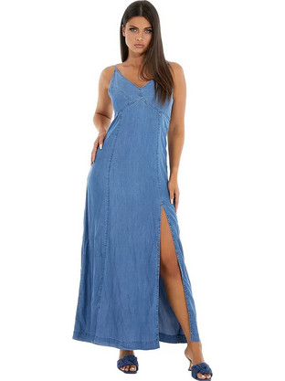 Guess Cruz Midi Καλοκαιρινό Καθημερινό Φόρεμα Τζιν Μπλε W3GK20D4ZL1-LULL