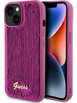 Guess Sequin Script Metal Back Cover Fuchsia (iPhone 15)