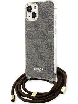 Guess 4G Logo Collection Crossbody Hard Case Script Metal Logo Θήκη προστασίας από σιλικόνη με λουράκι - iPhone 15 Καφέ - GUHC