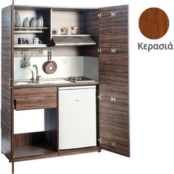 Πολυκουζίνα mini kitchen 125cm απόχρωση ξύλου κερασιάς με αριστερή γούρνα και μεγάλες πόρτες για φοιτιτικά studios, γραφεία &καταλύματα - ΚΣ125-ΠΟΡΤΕΣ-ΚΕΡΑΣΙΑ