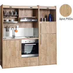 Πολυκουζίνα mini kitchen 190cm με μεγάλο ψυγείο & μεγάλο φούρνο απόχρωση δρυς ρόζοι για γραφεία, studios & καταλύματα airbnb