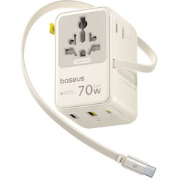 Baseus - Ταξιδιωτικός Προσαρμογέας EnerCore CG11 (E0307E01) - με Αναδιπλούμενο Καλώδιο, 2AC+2U+2C, Γρήγορη Φόρτιση 70W, GaN, Universal - Λευκό