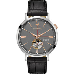 Bulova Mechanical Ανδρικό Ρολόι Αυτόματο με Μαύρο Δερμάτινο Λουράκι 98A187