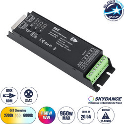 GLOBOSTAR(R) 73148 SKYDANCE D5-E AURORA RGB+CCT Controller / Decoder 5CH DC 12-48V 20A 960W Max IP20 - DMX512/RDM + 250-32000Hz PWM + Linear/Logarithmic Dimming Curve - M17.5xΠ4.5xΥ3.3cm