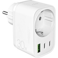 Puro Power Delivery Charger with Schuko Plug and Socket 30W 2x USB-C / 1x USB-A White