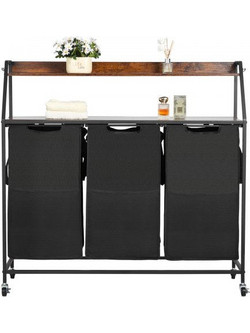 VEVOR 2 Tiers Laundry Sorter, Tall Laundry Hamper with Metal Frame and Wooden Tabletop, 3 Section Rolling Basket Organizer Storage with Ladder Shelves and 600D Oxford Cloth Bags for Dirty Clothes