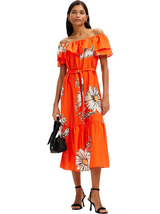 Desigual Daisy Midi Καλοκαιρινό Καθημερινό Φόρεμα Floral Πορτοκαλί 24SWVW02-7002