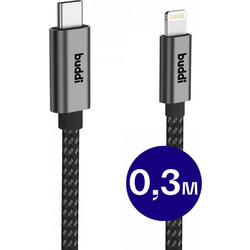 Buddi Flex Braided Flat USB-C to Lightning Cable 20W 0.3m Black 8719246446061