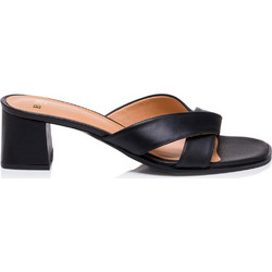 Boss Shoes Γυναικεία Πέδιλα Δερμάτινα Μαύρα με Χοντρό Χαμηλό Τακούνι BW20023
