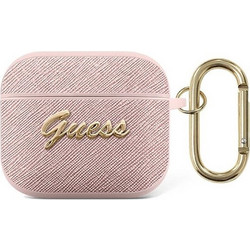 Guess Saffiano Script Metal Collection Θήκη από Δερματίνη με Γάντζο για Apple AirPods 3 Ροζ