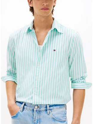 Tommy Hilfiger Ανδρικό Πουκάμισο Βαμβακερό Ριγέ Μακρυμάνικο Κανονική Γραμμή Λευκό Πράσινο MW0MW42440-0A5