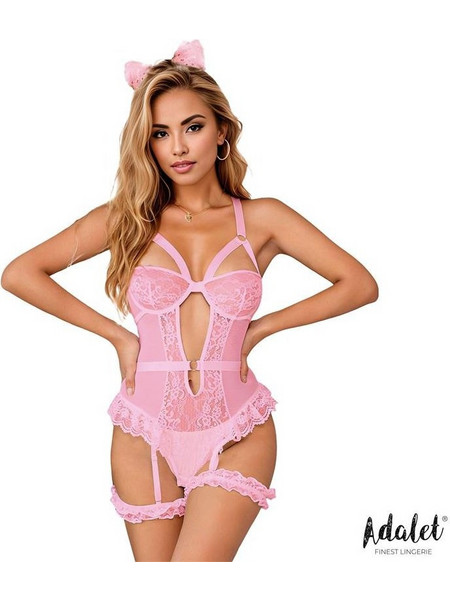 Adalet Zoa Sexy Κορμάκι String See Through με Δαντέλα & Ζαρτιέρες Ροζ 8436615008506