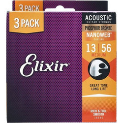 Elixir Strings Nanoweb 3-Pack Σετ 6 Χορδές Ακουστικής Κιθάρας Phosphor Bronze 13-56" Medium Tension