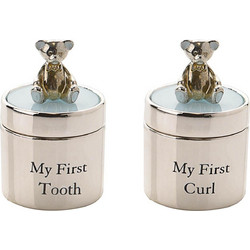 Κουτιά Αναμνήσεων για Αγόρι First Tooth & Curl Ασημί Γαλάζια 2τμχ