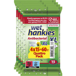 ΜΕΓΑ Wet Hankies Clean & Refresh XL Αντισηπτικά Μαντηλάκια Χεριών Lemon 4x15τμχ