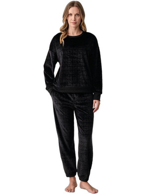 DKNY Luxe Lounging Σετ Γυναικείες Πιτζάμες Βελουτέ Μαύρες YI80148