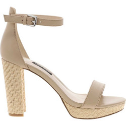 Nine West DEMPSEY Γυναικεία Πέδιλα Δερμάτινα Μπεζ με Χοντρό Ψηλό Τακούνι και Φιάπα