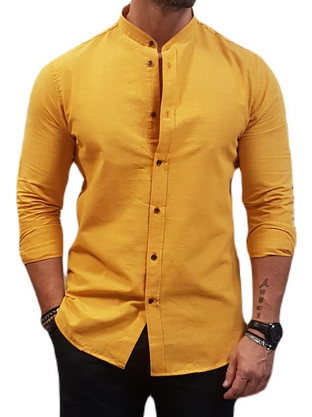 Senior Ανδρικό Πουκάμισο Λινό Μακρυμάνικο Slim Fit με Mao Γιακά Κίτρινο SH-36