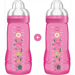 Mam Easy Active Σετ Πλαστικά Μπιμπερό με Θηλή Σιλικόνης 4m+ Flowers Pink 2x330ml