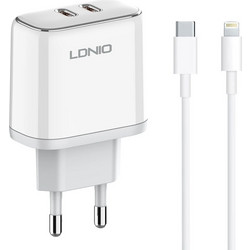 Ldnio A2528M Φορτιστής με Καλώδιο Lightning με 2 Θύρες USB-C 35W Power Delivery White