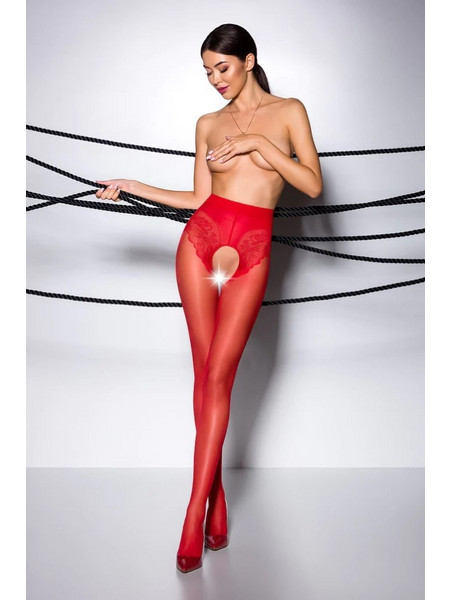 Ciorapi Crotchless cu Imprimeu Floral, 30 Den, Rosu, S/M
