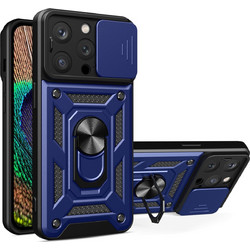 Hybrid Armor Camshield iPhone 15 Pro Case with Kickstand and Camera Cover - Blue