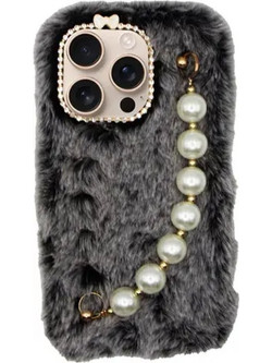 Vivid Fluffy Plush Case With Pearl Chain Apple Iphone 16 Pro Grey/Black - (CS-Fr HLD-6-2409002)